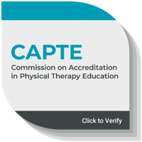 CAPTE logo with text: "Commission on Accreditation in Physical Therapy Education" and a button labeled "Click to Verify." The teal, gray, and white design highlights the accredited Associate of Science Physical Therapist Assistant program.