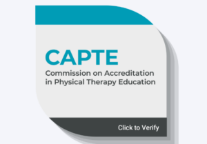 CAPTE badge with text: "Commission on Accreditation in Physical Therapy Education" on a white and teal background, highlighting Doctor of Physical Therapy programs. A gray band at the bottom says "Click to Verify.