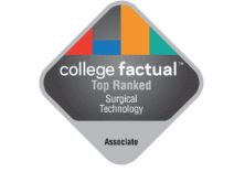 Diamond-shaped badge with colorful segments at the top, white text reads “college factual Top Ranked Surgical Technology Associate” on a gray background.