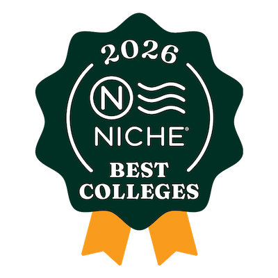 A dark green badge with two yellow ribbons reads "2026 Niche Best Colleges" in white text, featuring the Niche logo in the center.