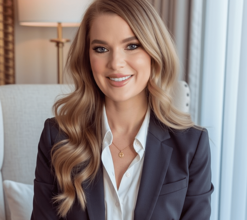 A woman with long wavy blonde hair, wearing a dark blazer over a white blouse and a gold necklace, sits and smiles in a bright room with a lamp and curtains in the background.