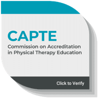 CAPTE logo with text: "Commission on Accreditation in Physical Therapy Education" on a rounded square background, highlighting Associate of Science Physical Therapist Assistant, with "Click to Verify" in the bottom right corner.