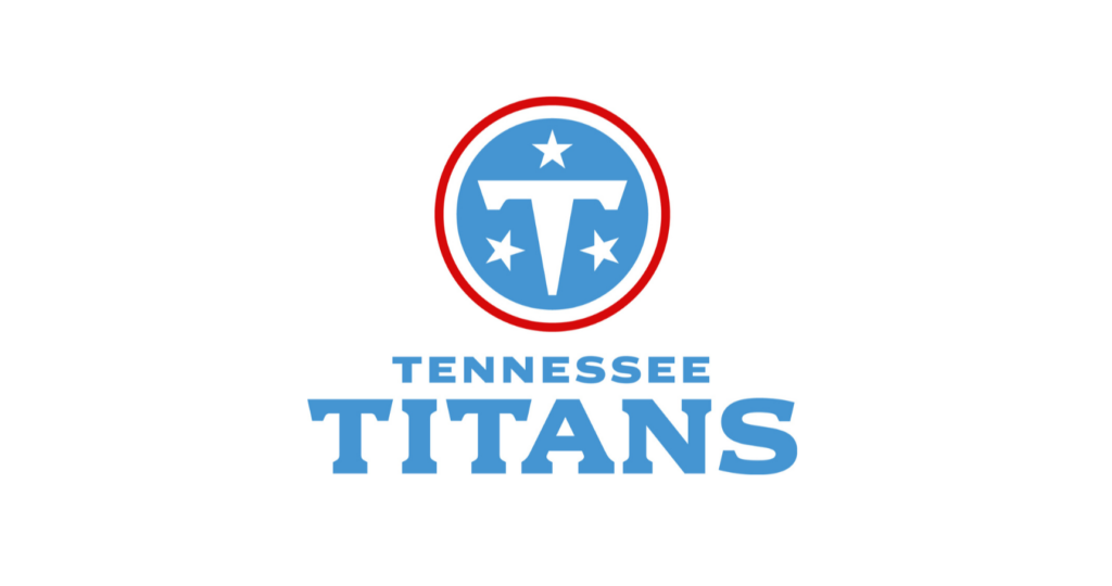 Tennessee Titans logo with a blue circle containing a white “T” and three stars, surrounded by a red ring. "Tennessee Titans" is written below in blue letters.