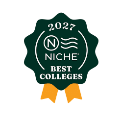 A green badge with yellow ribbons reads “2027 NICHE BEST COLLEGES” in white text, featuring the Niche logo and wavy lines inside a circular design.